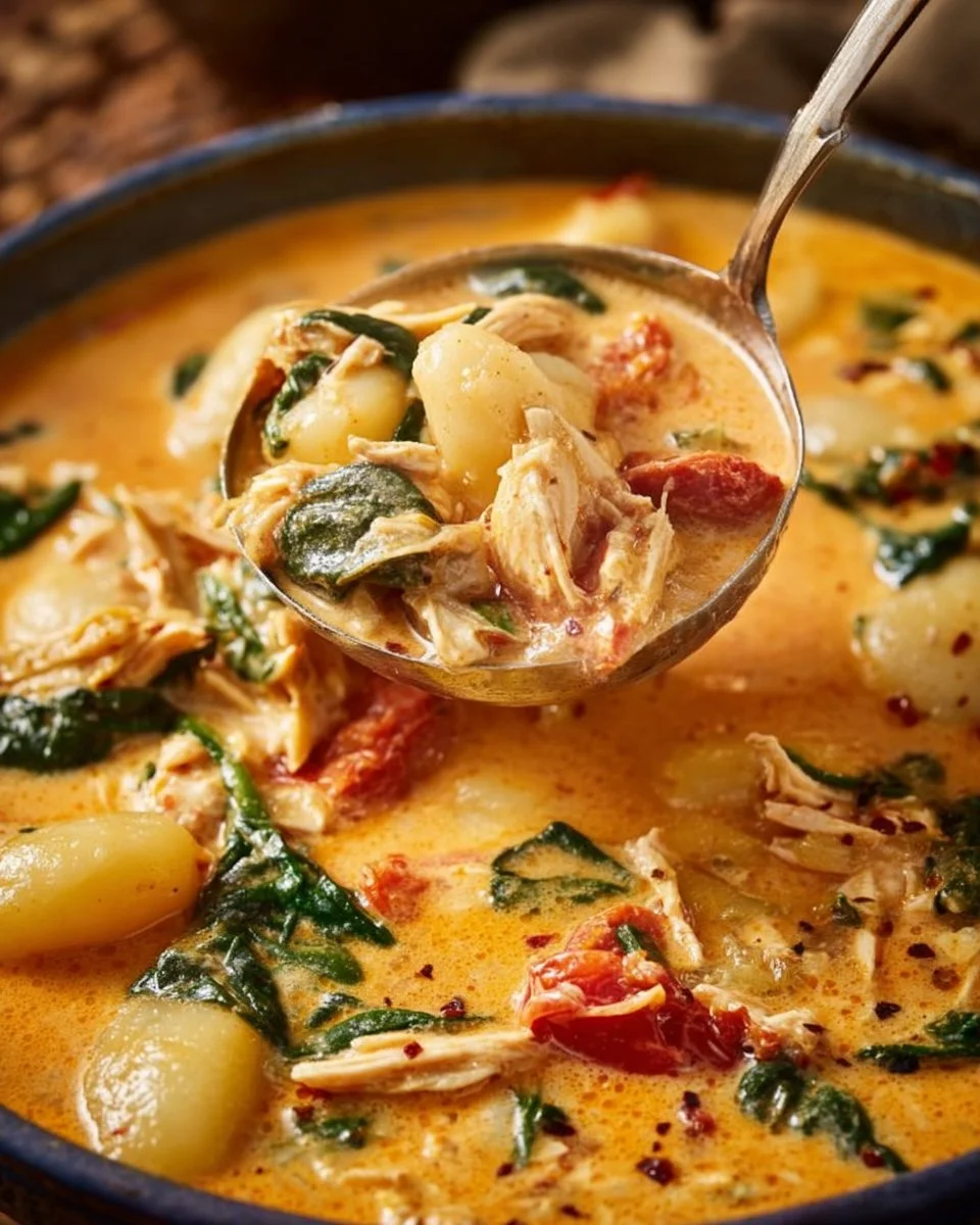 Bowl of Marry Me Chicken Gnocchi Soup garnished with herbs