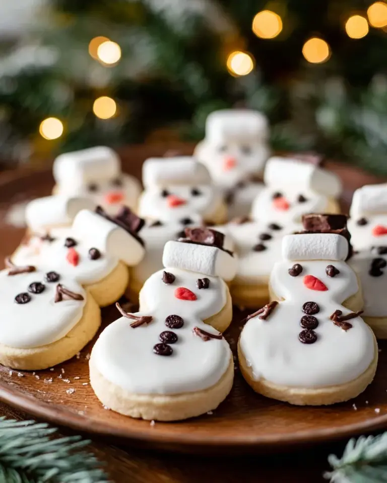 Decorative melting snowman cookies on a festive plate