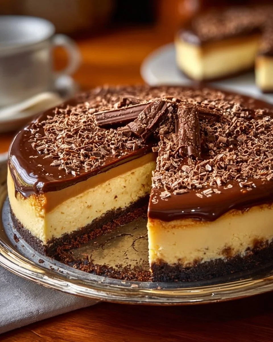 Slice of Millionaire's Cheesecake topped with chocolate and caramel drizzle.