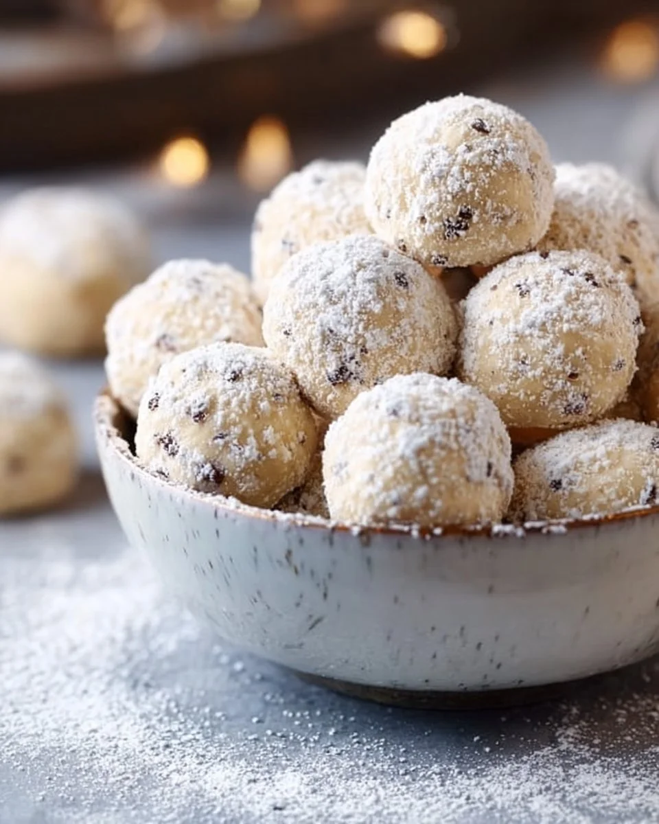 Mini Chip Snowball Cookies dusted with powdered sugar on a plate