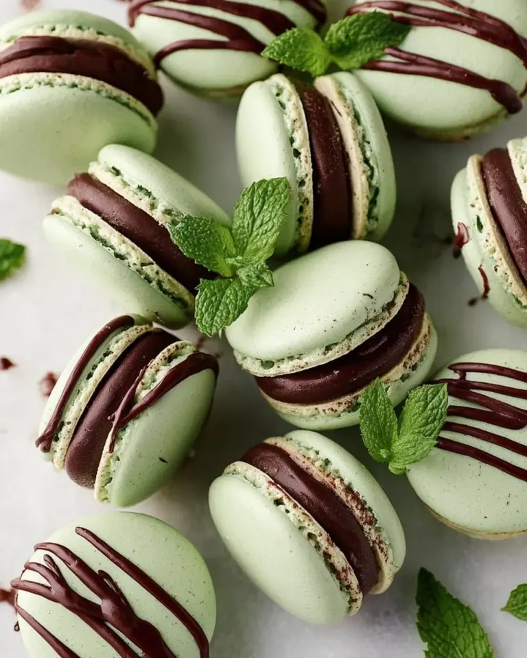 Mint chocolate macarons arranged on a plate, showcasing their rich green color and delicate texture