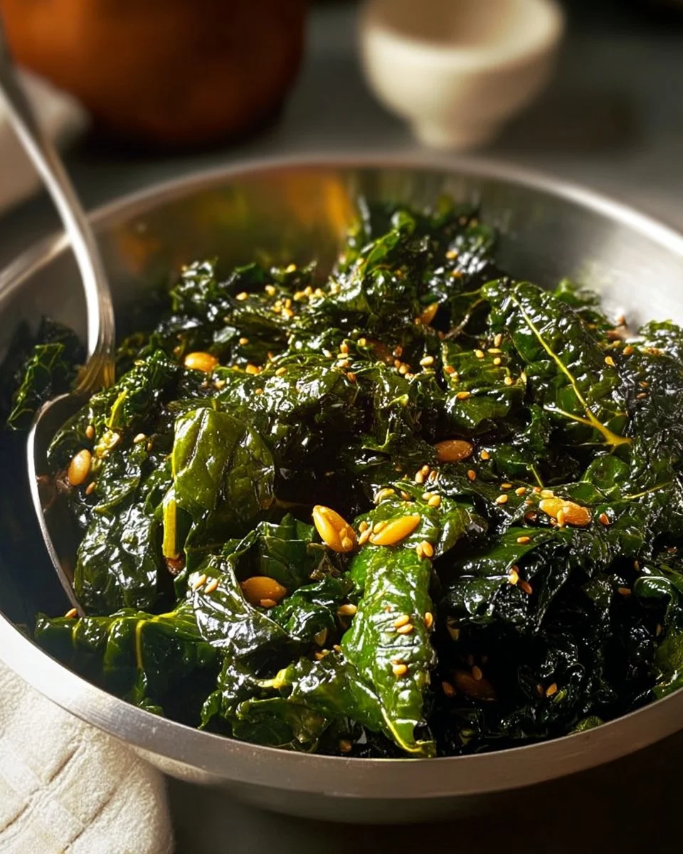 Delicious miso butter collard greens served as a healthy side dish.
