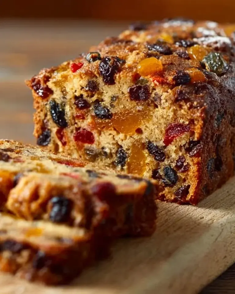 Slice of Never Fail Fruit Cake with dried fruits and nuts