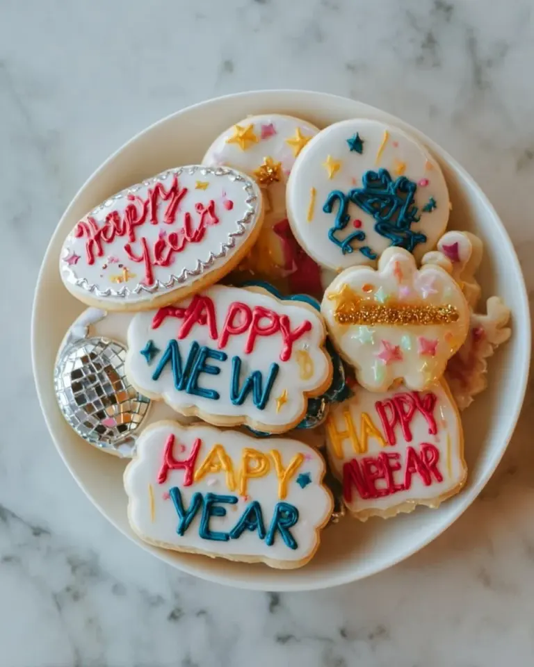 Festive New Year cookies decorated for a celebratory occasion.