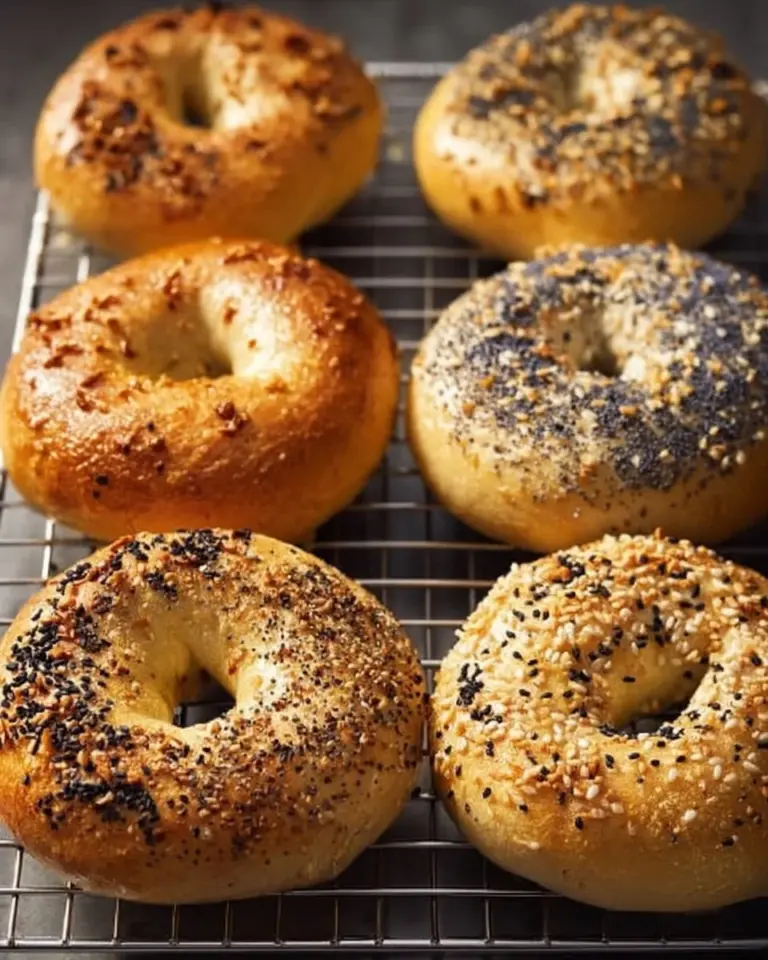 Freshly baked New York bagels displayed on a wooden board.