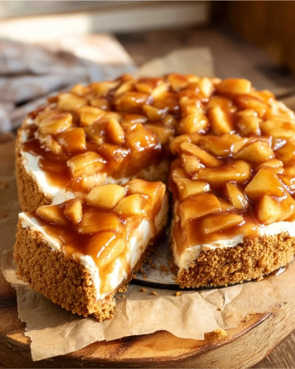 Delicious no-bake apple pie cheesecake slice with apple topping and crust.
