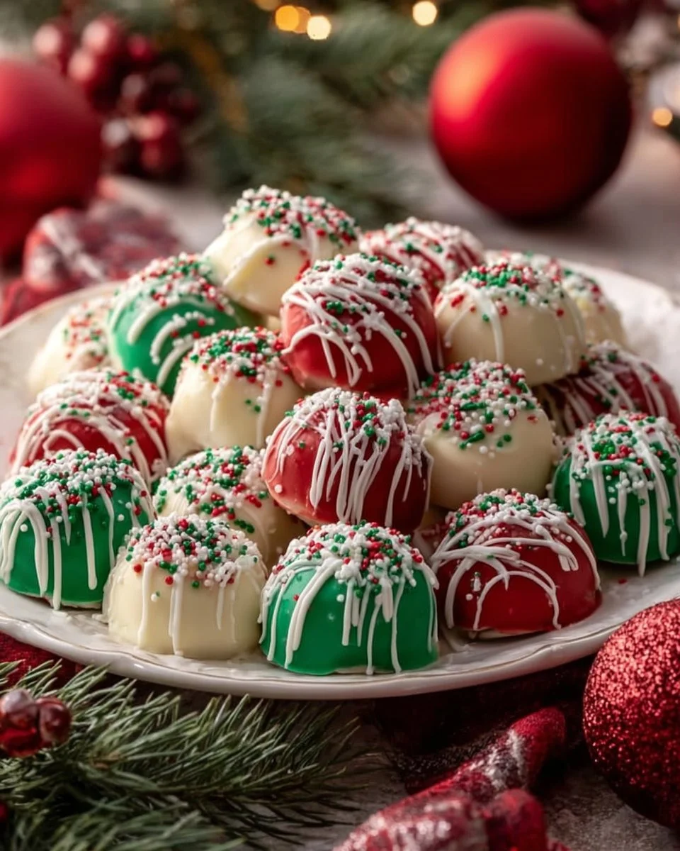 Delicious no-bake Christmas cheesecake bites on a festive plate