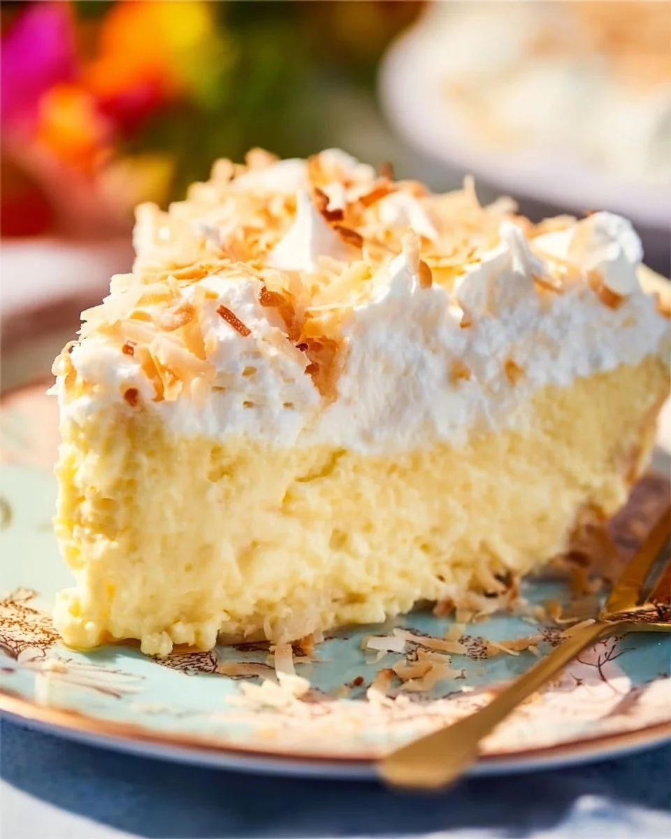 Delicious no bake easy coconut cream pie topped with whipped cream and coconut flakes.