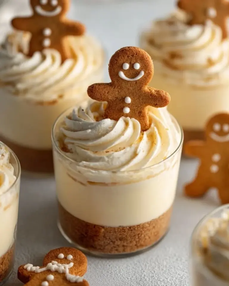 No-Bake Gingerbread Cheesecake Cups topped with festive decorations