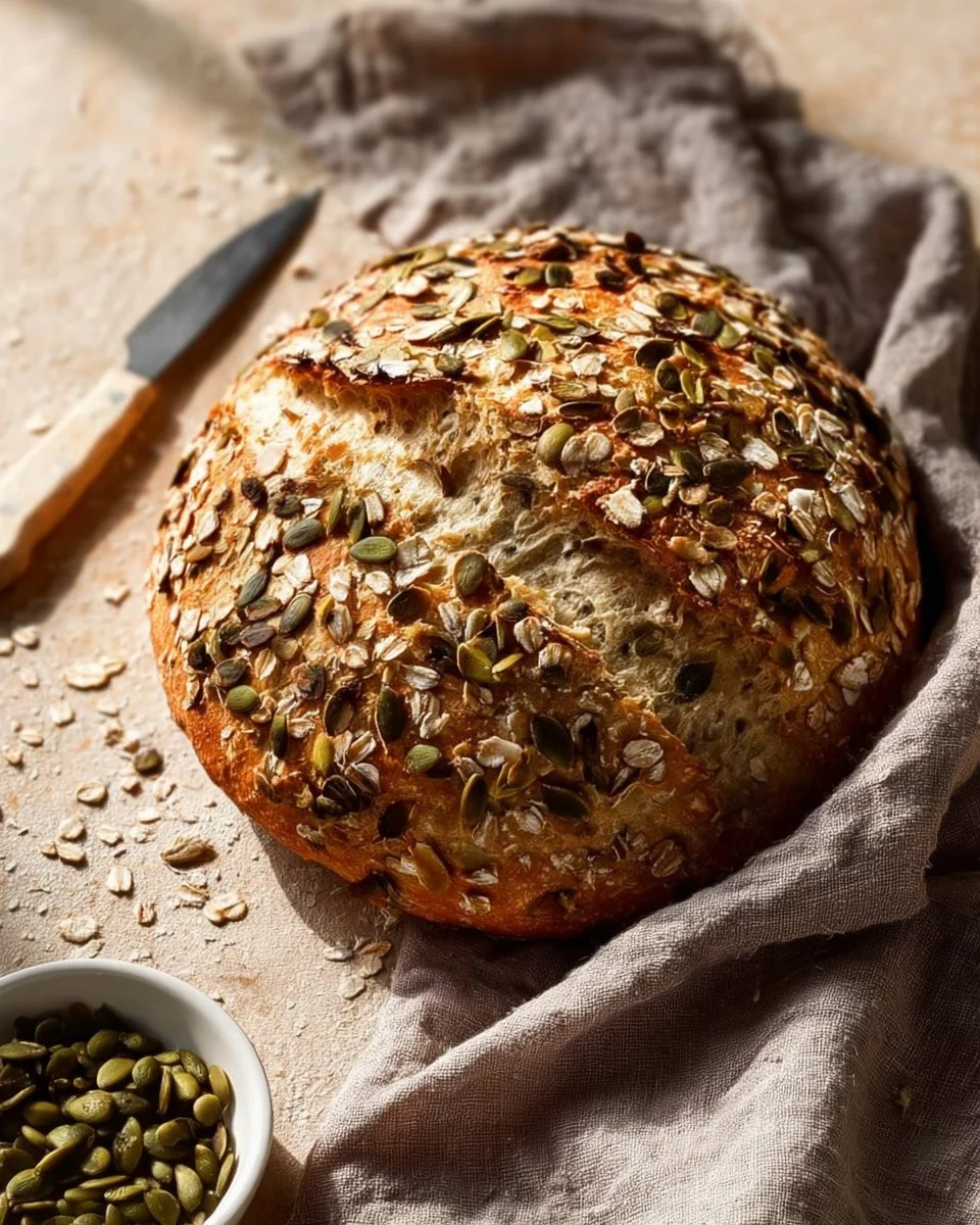 Freshly baked no knead seeded oat bread on a wooden surface