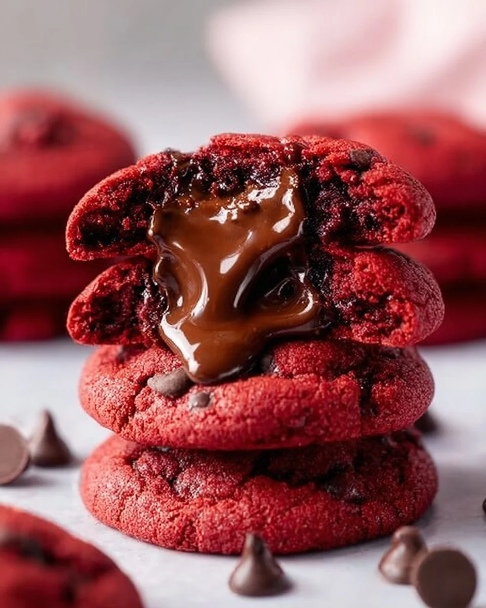Delicious Nutella stuffed red velvet chocolate chip cookies on a plate