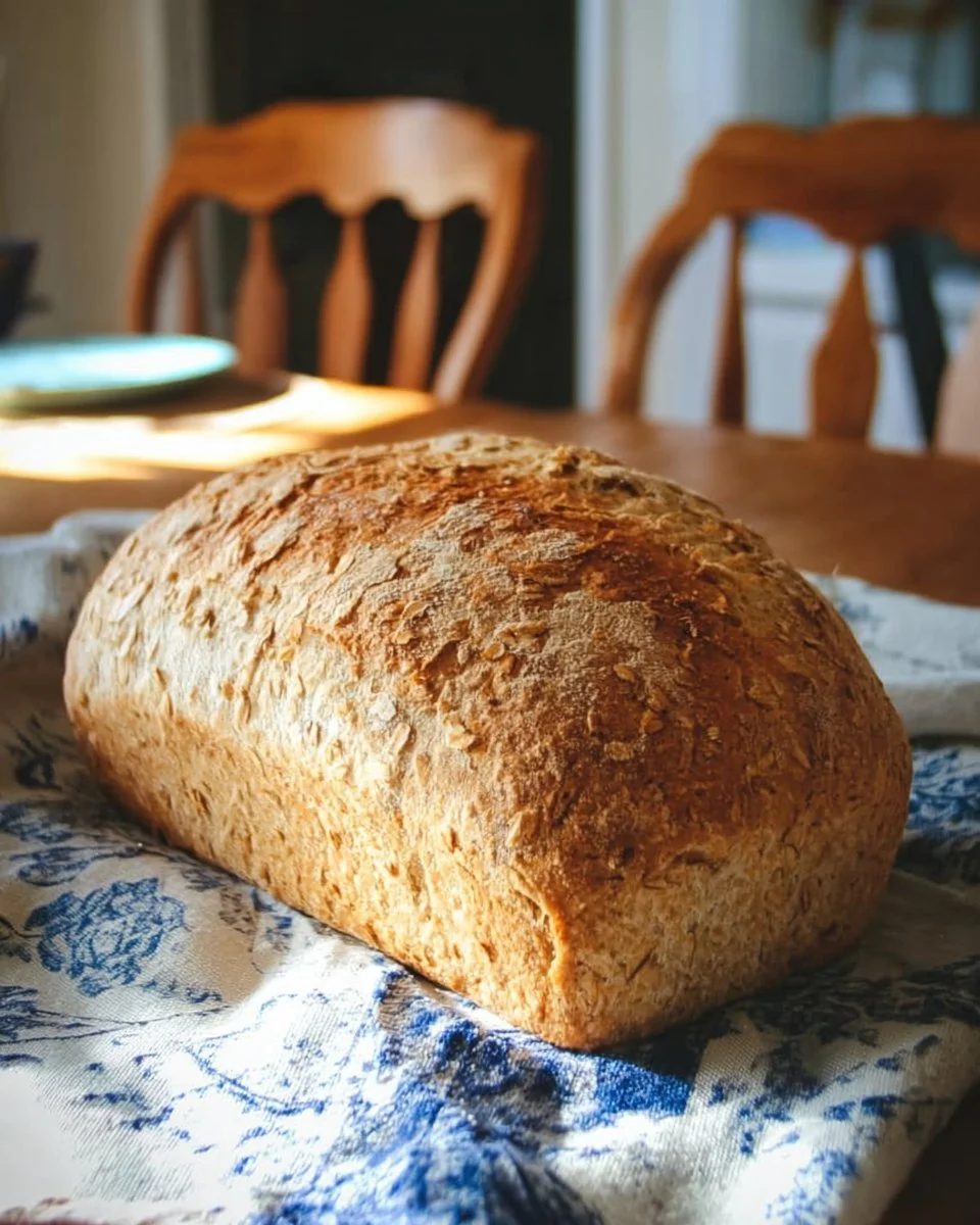 Homemade oatmeal bread loaf with a golden crust and healthy ingredients