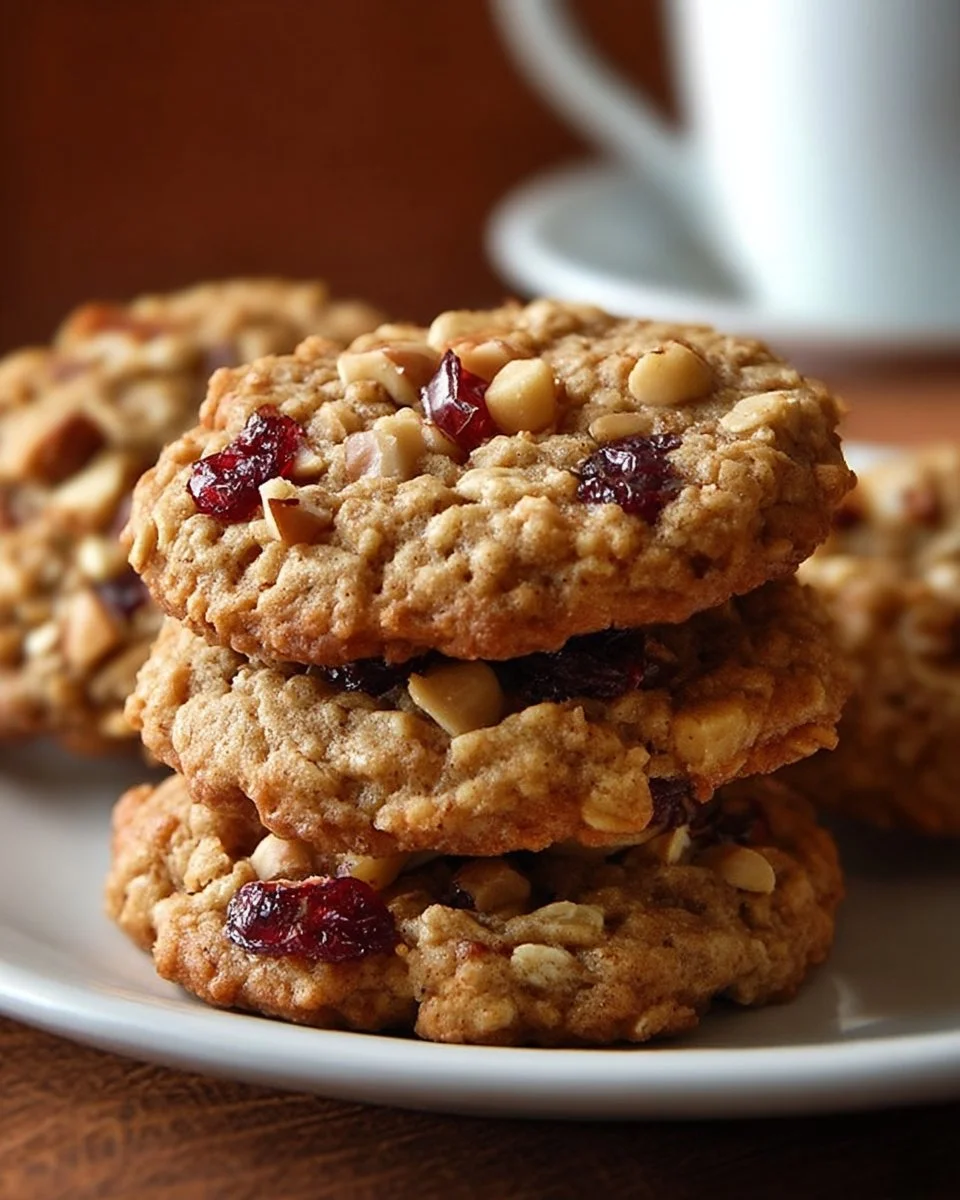 Plate of homemade Oatmeal Cranberry Pecan Cookies with cranberries and pecans