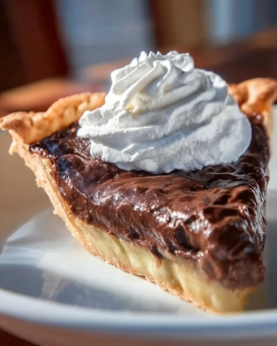 Slice of old fashioned chocolate pie with whipped cream topping