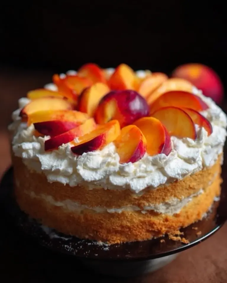 Delicious Olive Oil Honey Cake with fresh peaches served on a plate.