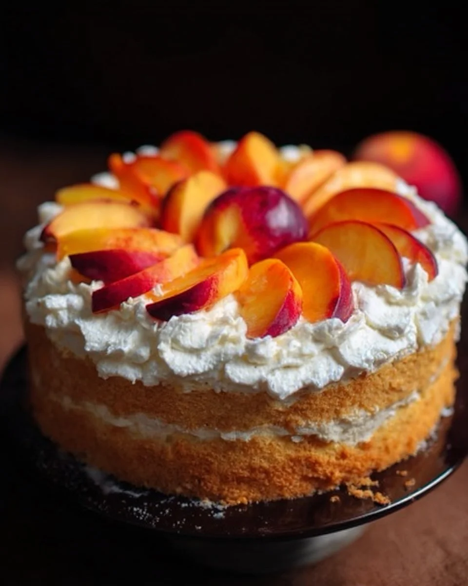 Delicious Olive Oil Honey Cake with fresh peaches served on a plate.