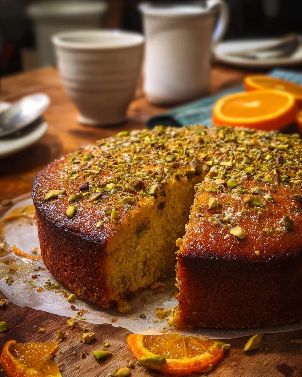 Slice of Orange Cardamom Pistachio Tea Cake on a plate with a cup of tea