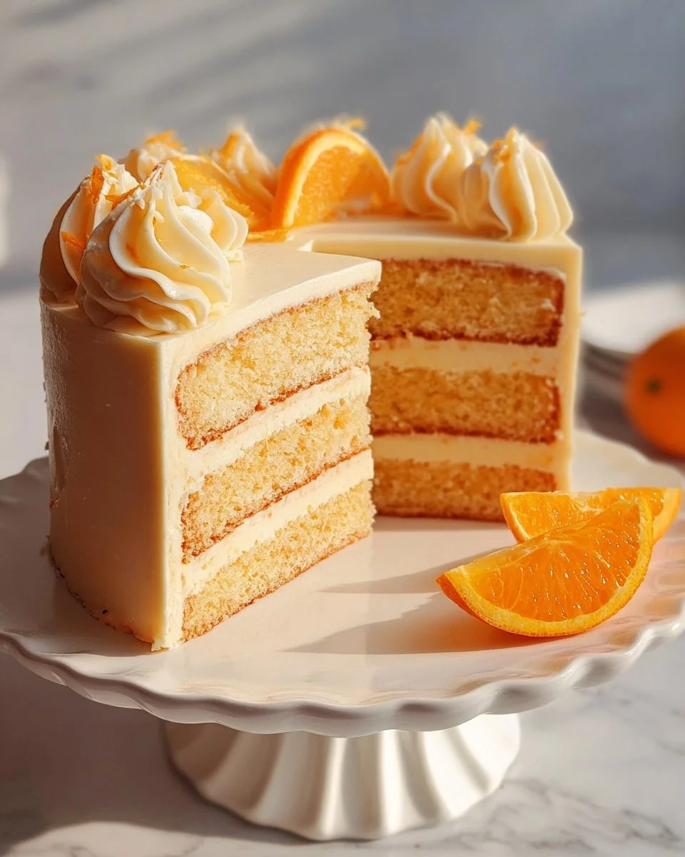 Slice of delicious Orange Creamsicle Cake with orange frosting