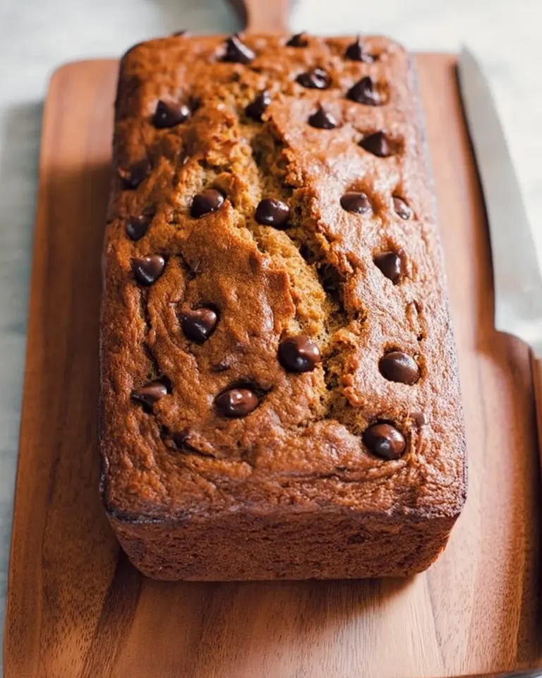 Peanut Butter Chocolate Chip Banana Bread slice on a wooden board