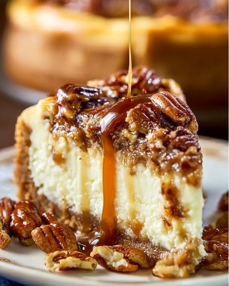Delicious pecan pie cheesecake dessert served on a plate