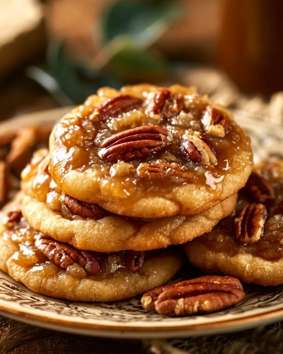 Pecan pie cookies on a plate, drizzled with caramel and topped with pecans