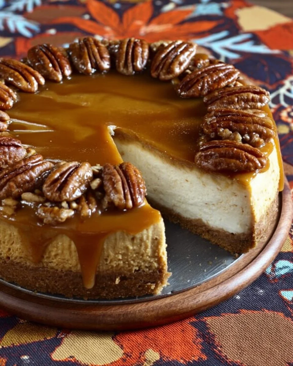 Pecan Pie Pumpkin Cheesecake slice on a plate with a festive background