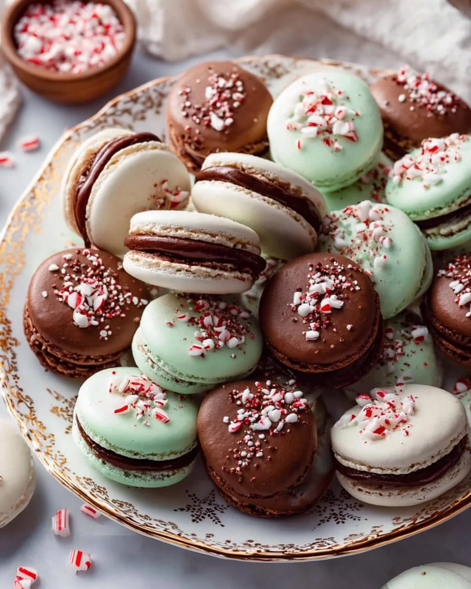 Peppermint and chocolate macarons on a decorative plate