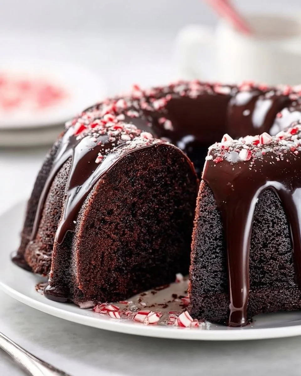 Delicious peppermint chocolate bundt cake served on a festive plate