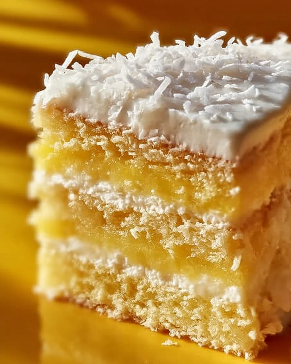 A slice of Pineapple Coconut Dream Cake topped with coconut flakes and pineapple slices.