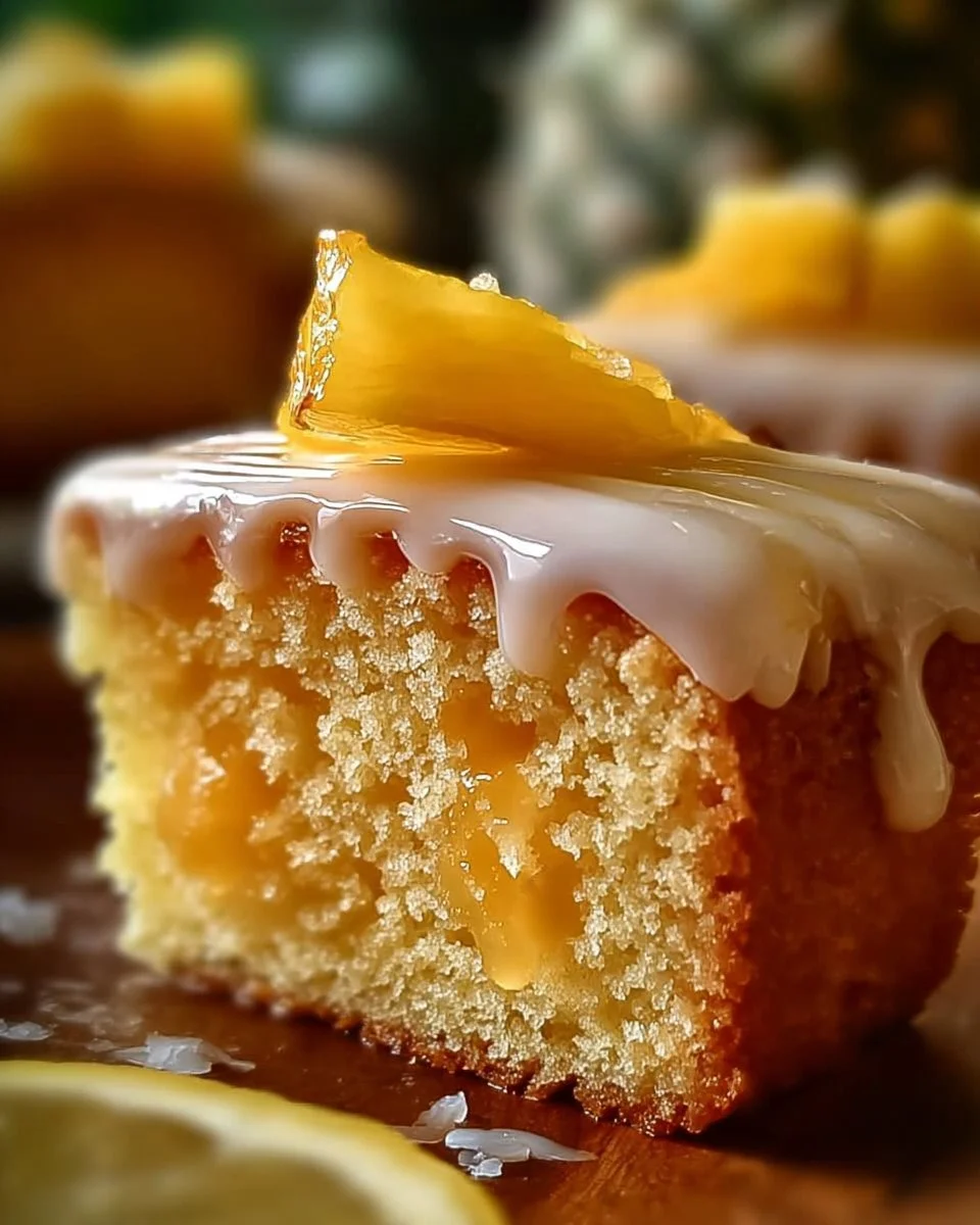 Delicious Pineapple Heaven Cake topped with fresh pineapple and whipped cream