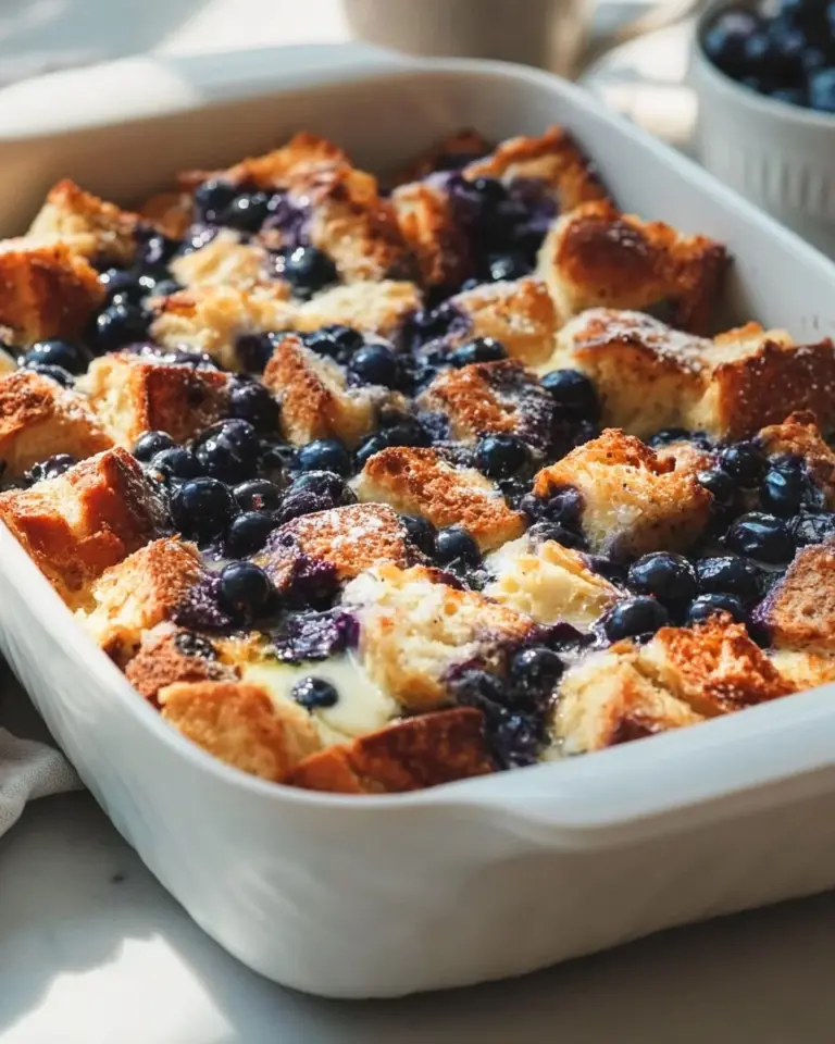 Quick Blueberry French Toast Casserole topped with fresh blueberries