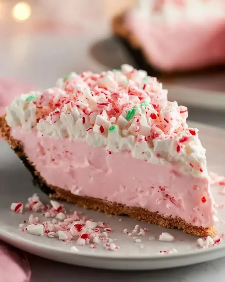 Quick Christmas Peppermint Pie served on a festive plate with mint sprinkles.