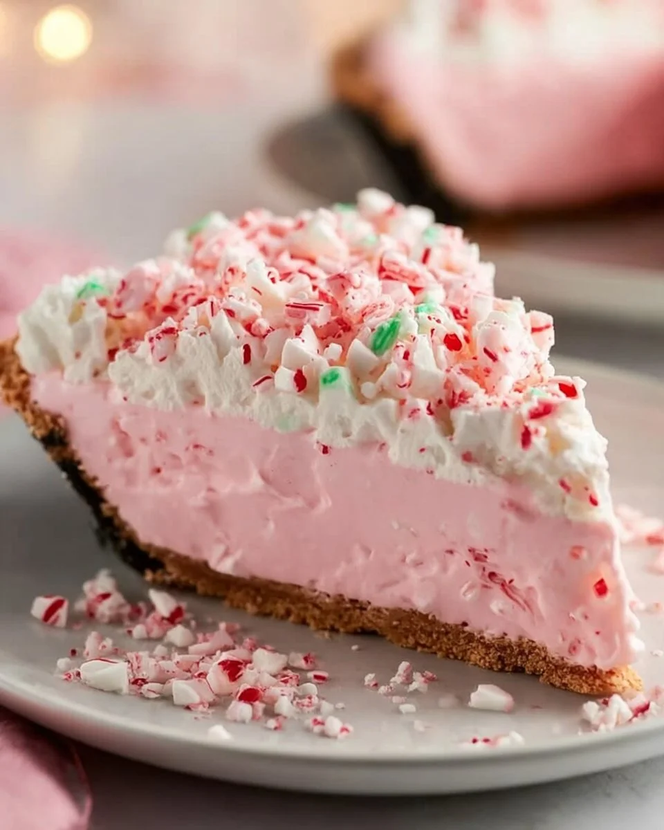 Quick Christmas Peppermint Pie served on a festive plate with mint sprinkles.