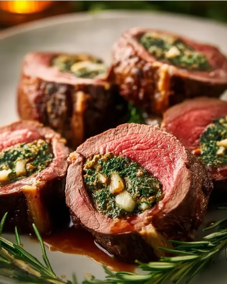 Quick Christmas stuffed beef tenderloin dish ready for serving