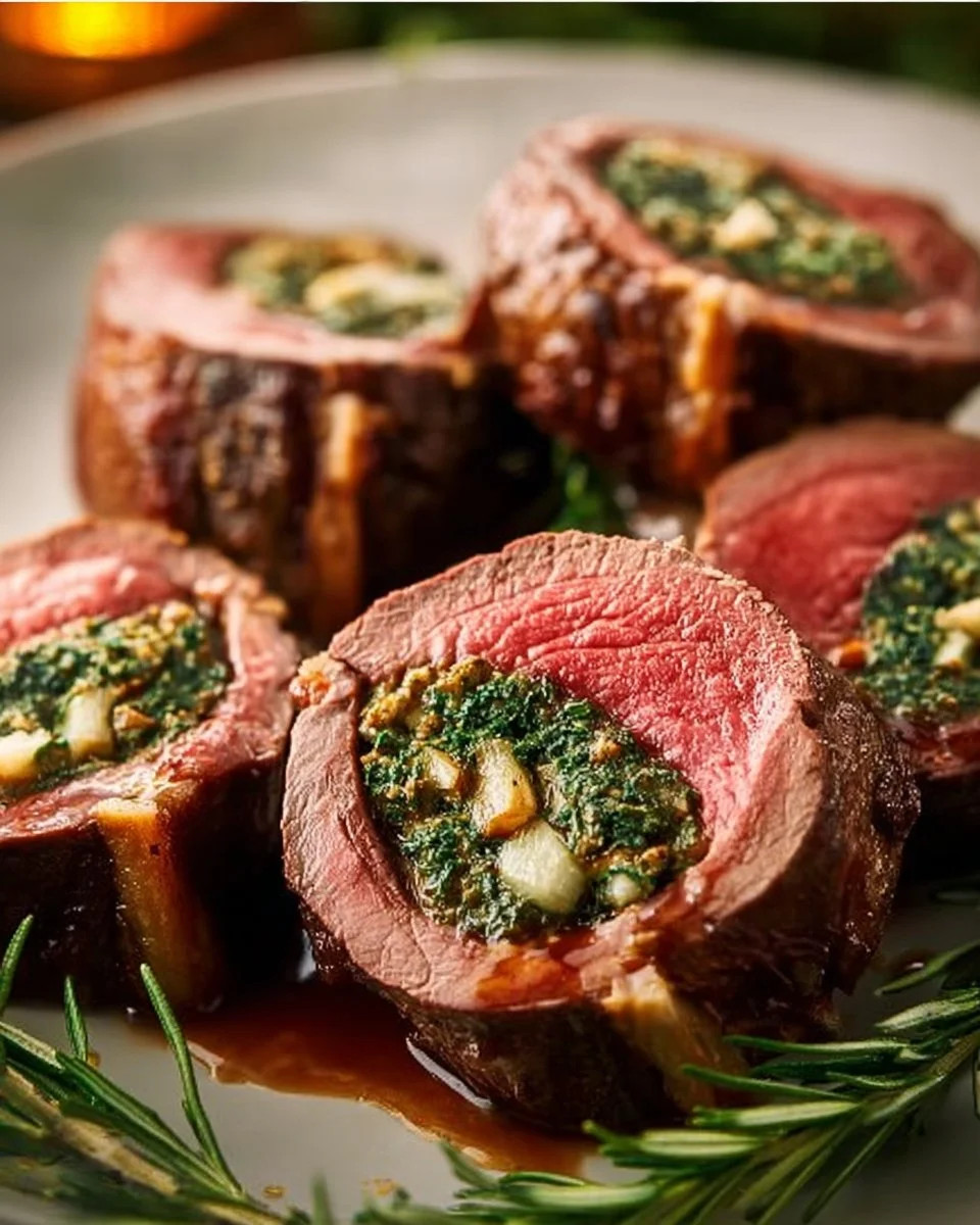 Quick Christmas stuffed beef tenderloin dish ready for serving