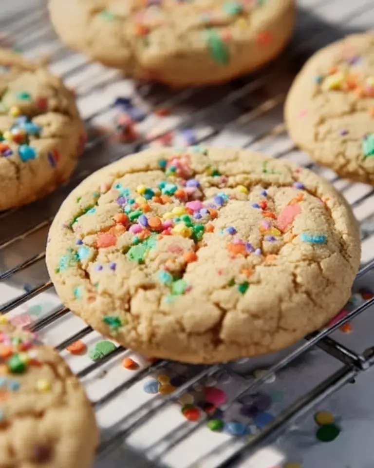 Rainbow sprinkle sugar cookies decorated with vibrant sprinkles on a plate