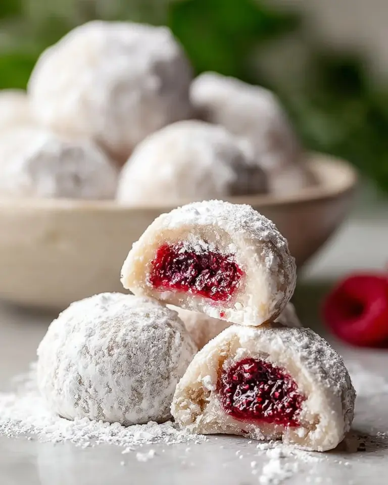 Delicious Raspberry Almond Snowball Cookies dusted with powdered sugar