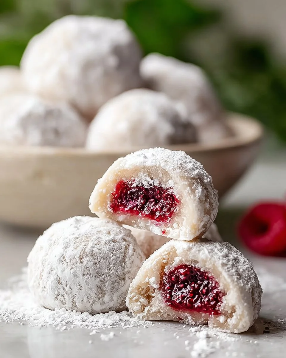 Delicious Raspberry Almond Snowball Cookies dusted with powdered sugar