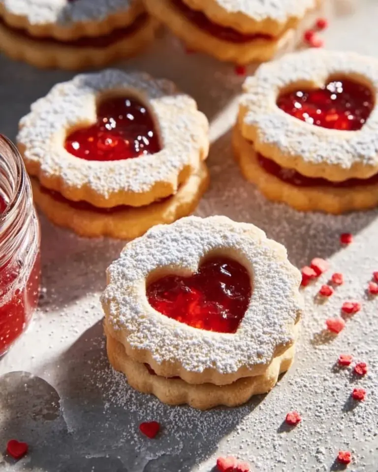 Freshly baked Raspberry Linzer Cookies with a sweet raspberry filling