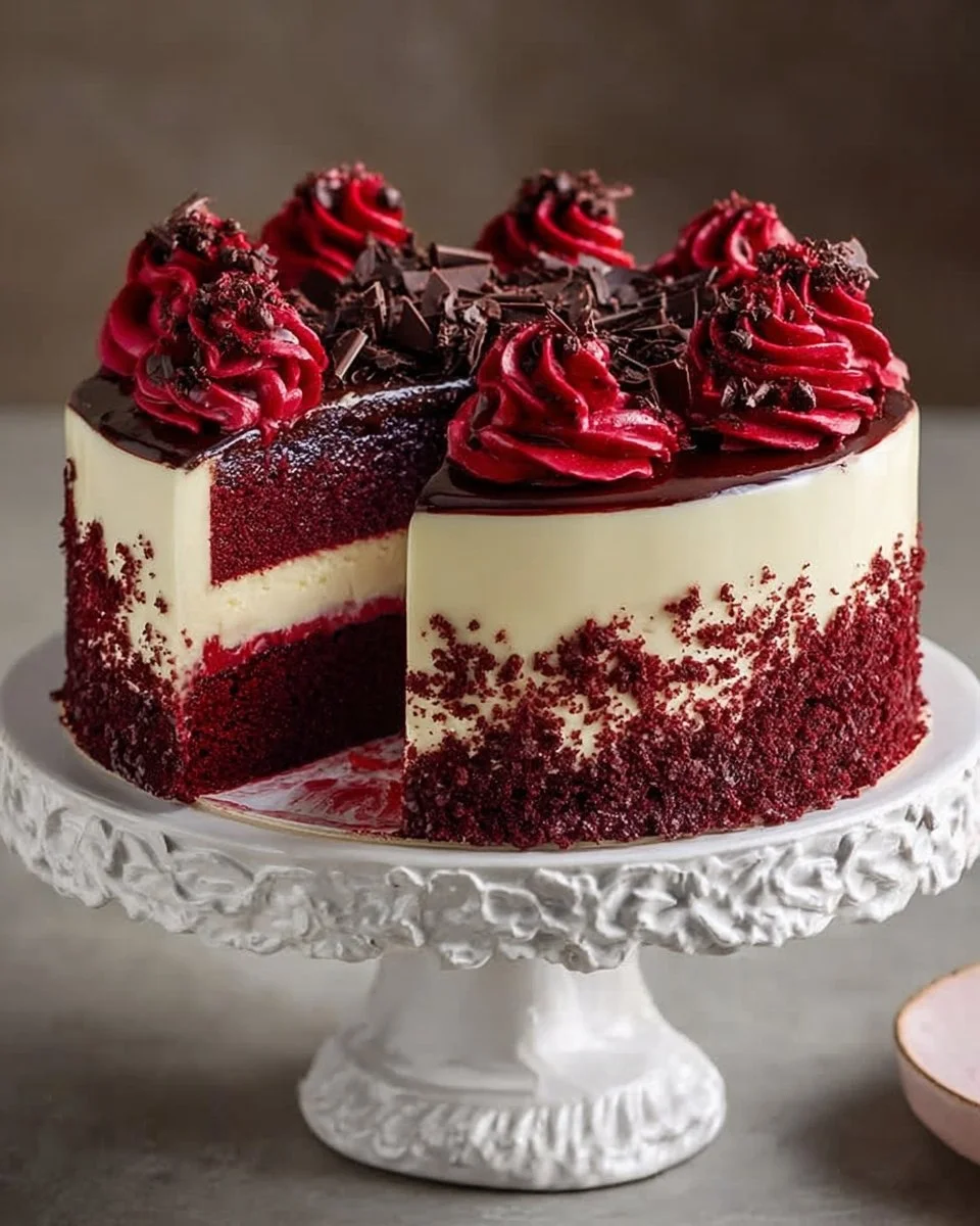 Delicious red velvet cheesecake layer cake with cream cheese frosting.