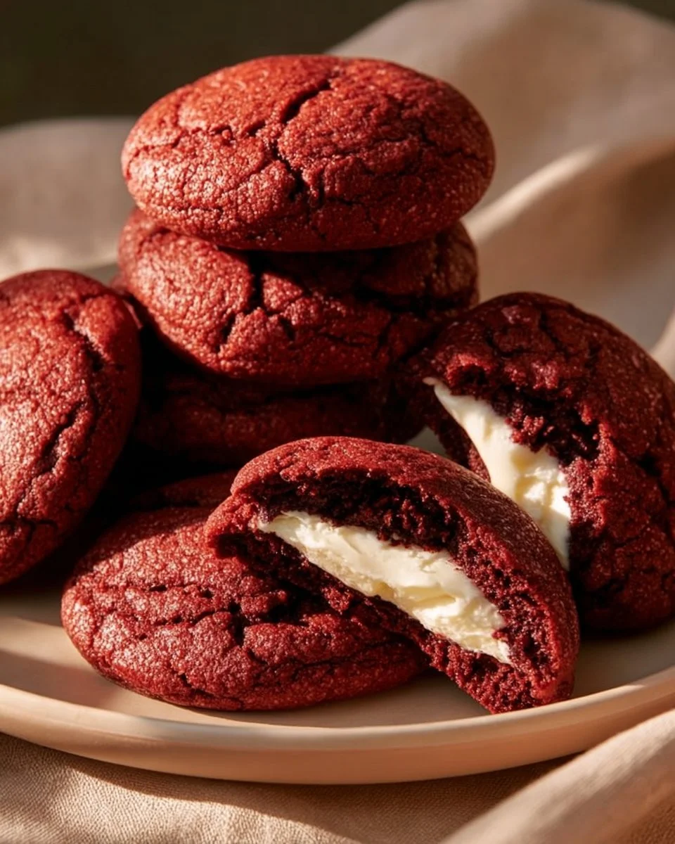 Batch of freshly baked Red Velvet Cookies on a cooling rack