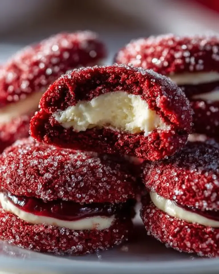 Freshly baked red velvet thumbprint cookies on a white plate