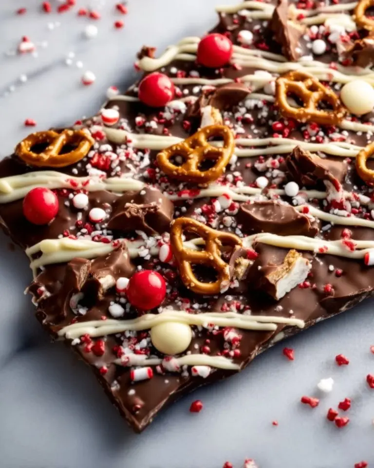 Delicious homemade Reindeer Bark topped with chocolate and cranberries.