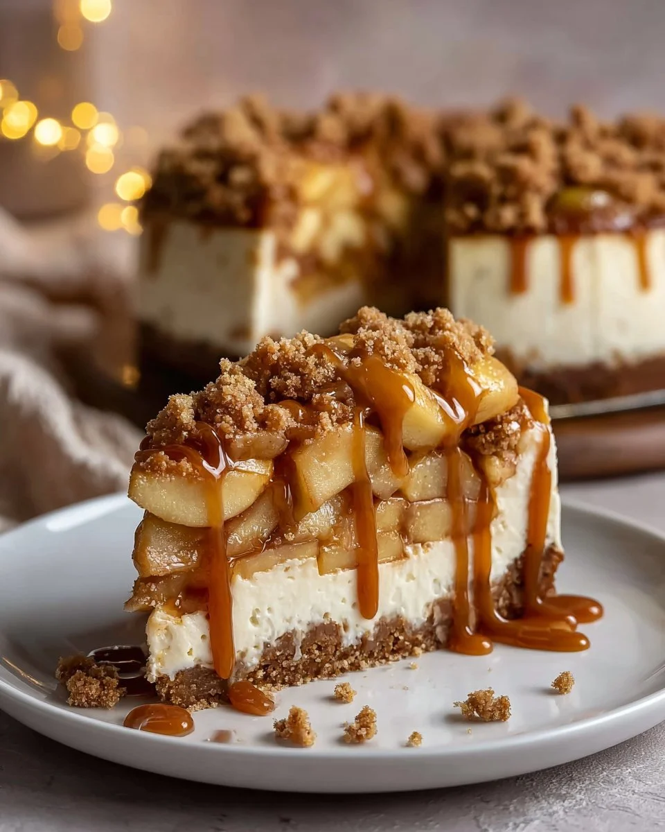 Delicious salted caramel apple pie cheesecake topped with apples and caramel sauce.
