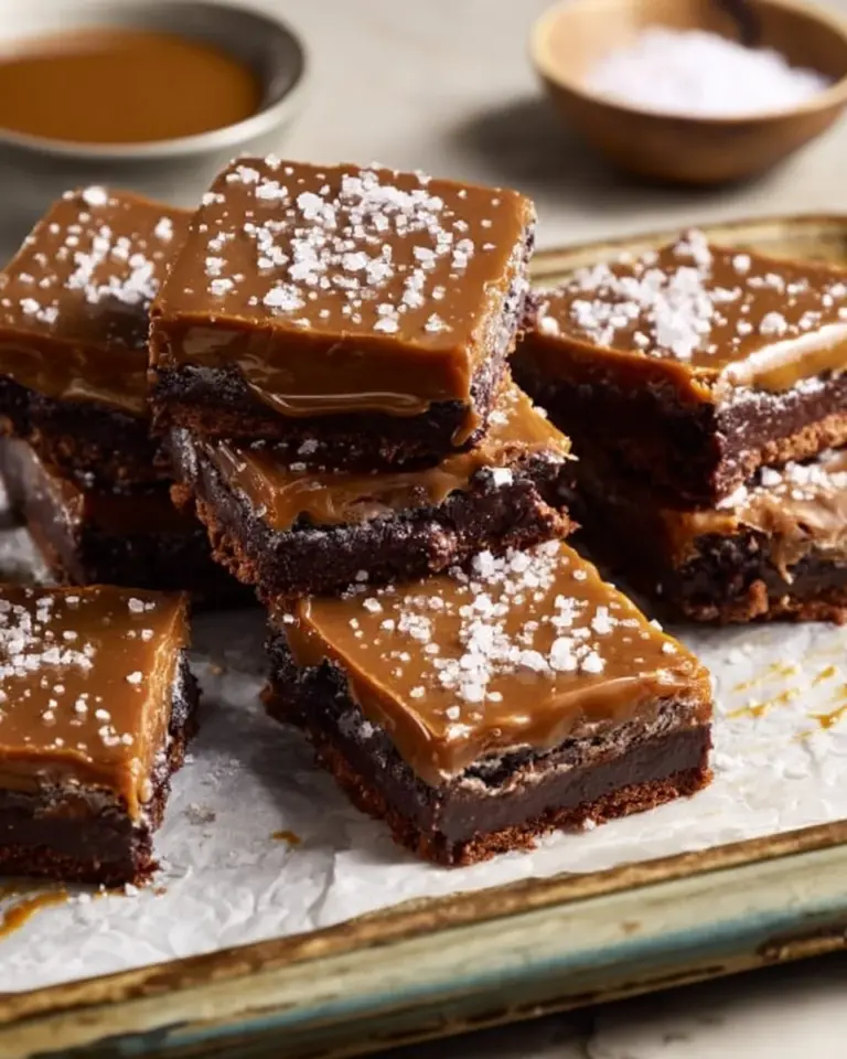 Decadent Salted Caramel Pretzel Brownies with rich chocolate and drizzled caramel