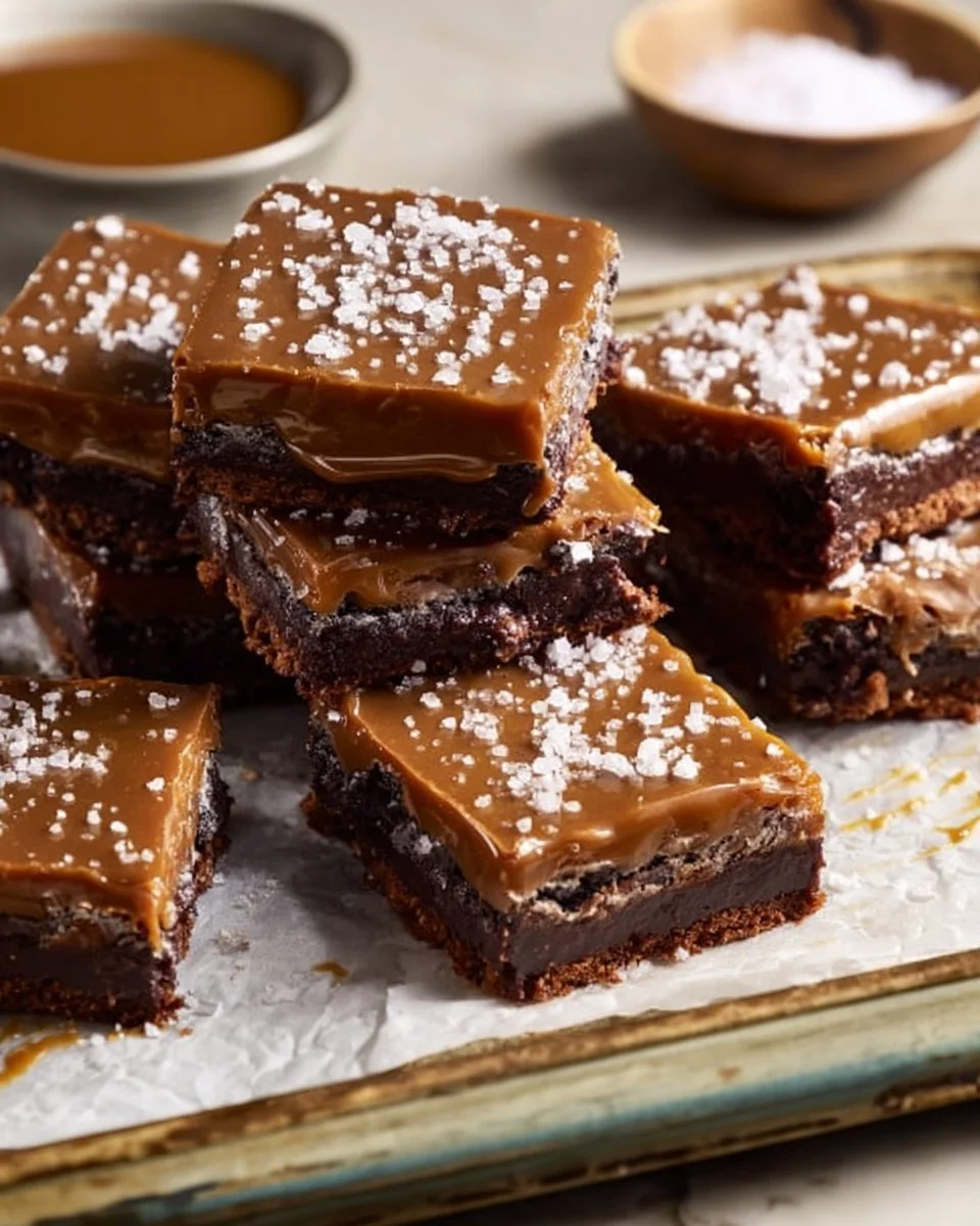 Decadent Salted Caramel Pretzel Brownies with rich chocolate and drizzled caramel