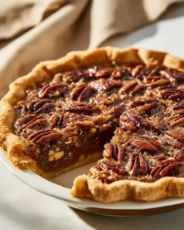 Slice of simple pecan pie without corn syrup on a plate
