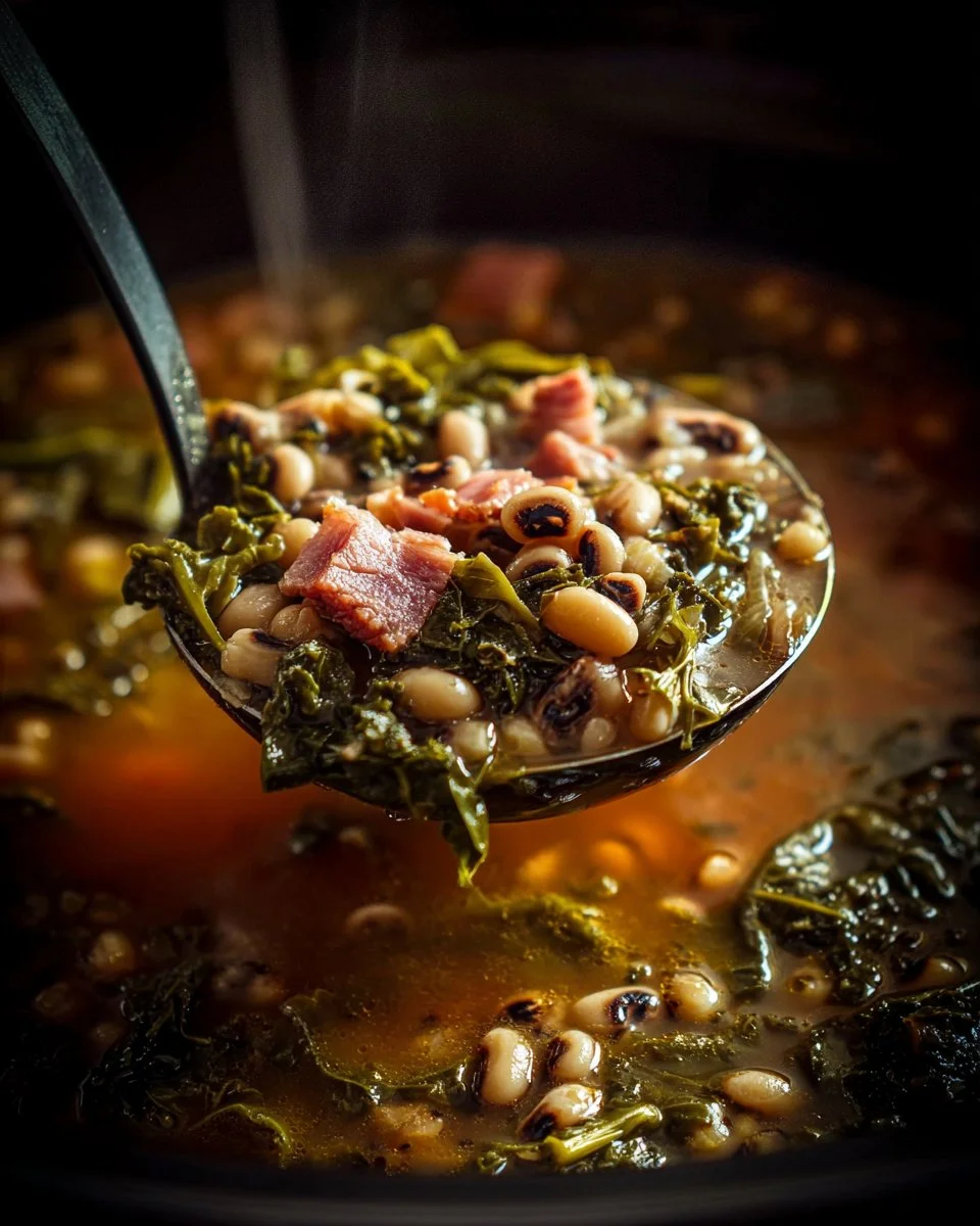 Bowl of slow cooker black eyed peas served with collard greens