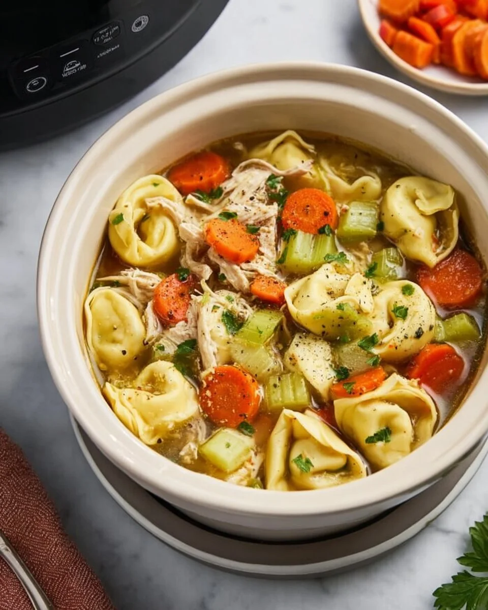 Slow cooker chicken tortellini soup with vegetables in a bowl