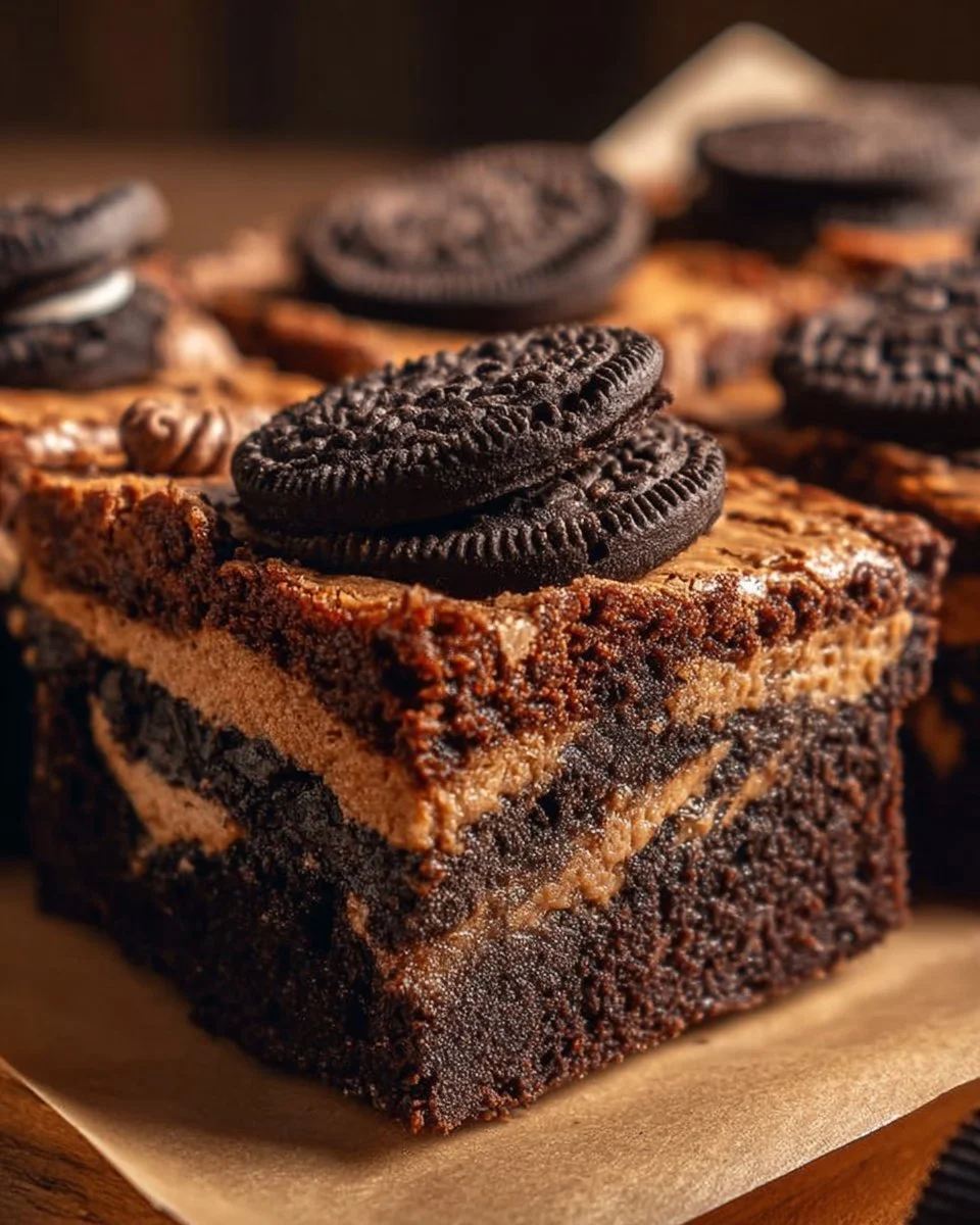 Delicious slutty brownies featuring layers of cookie dough, Oreos, and chocolate brownie.